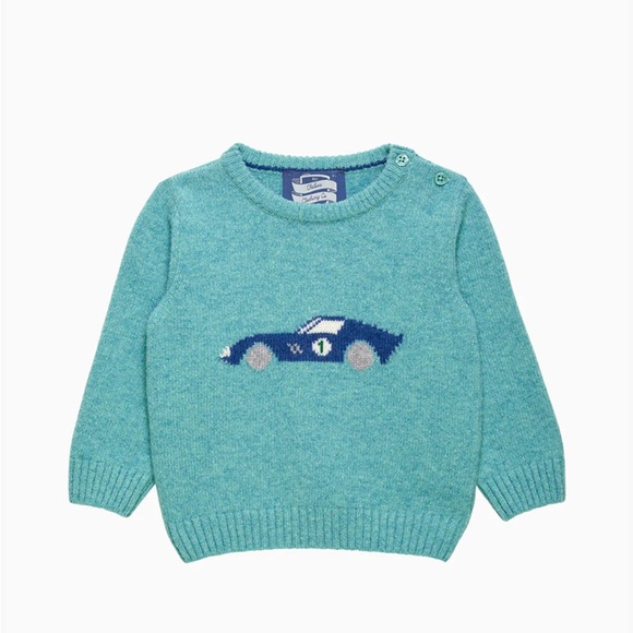 TROTTERS SEBASTIAN SWEATER 12 months. Blue Sweater with Car Design - Picture 1 of 6